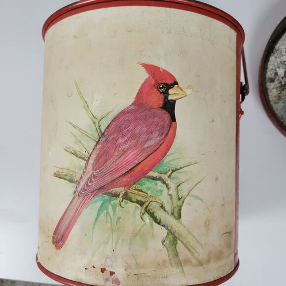 Vintage Keller-Charles Cardinal Bird Decorative Tin Bucket with Lid and Handle - Picture 7 of 16